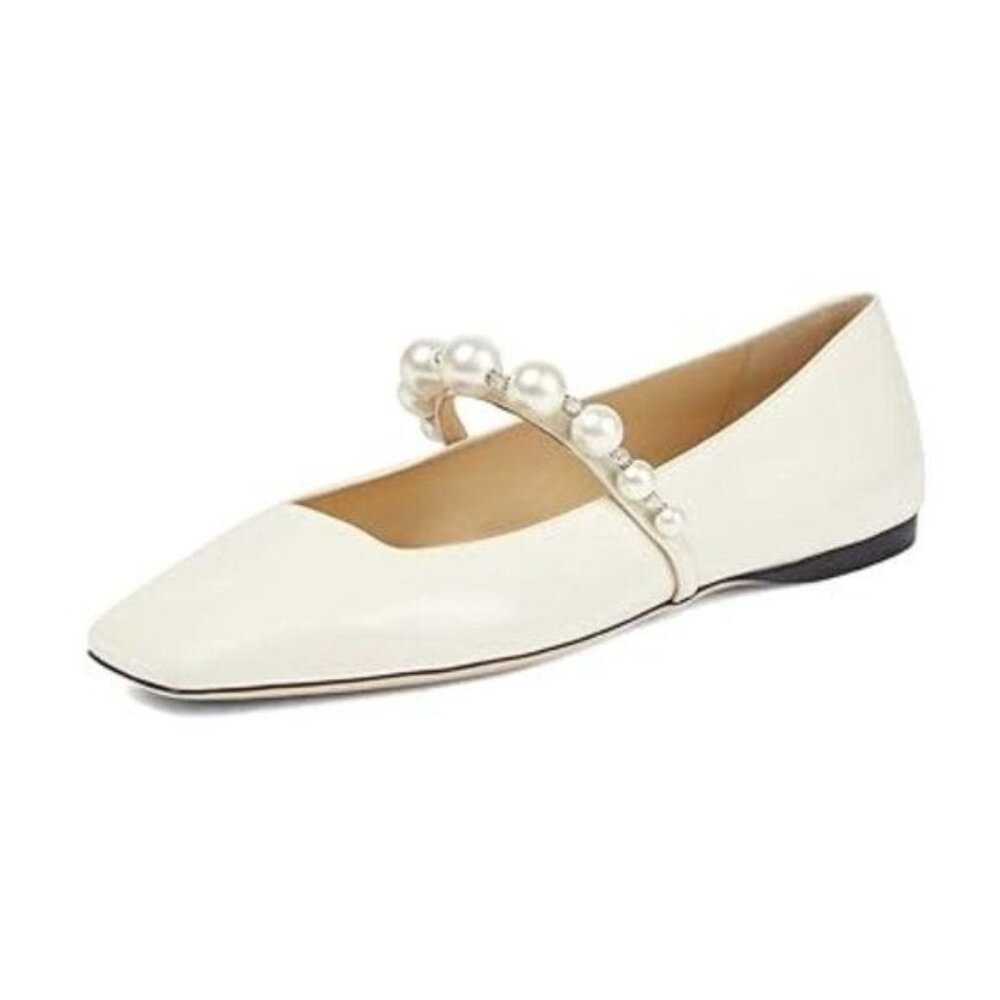 Pearl-Embellished Ivory Mary Jane Flat
